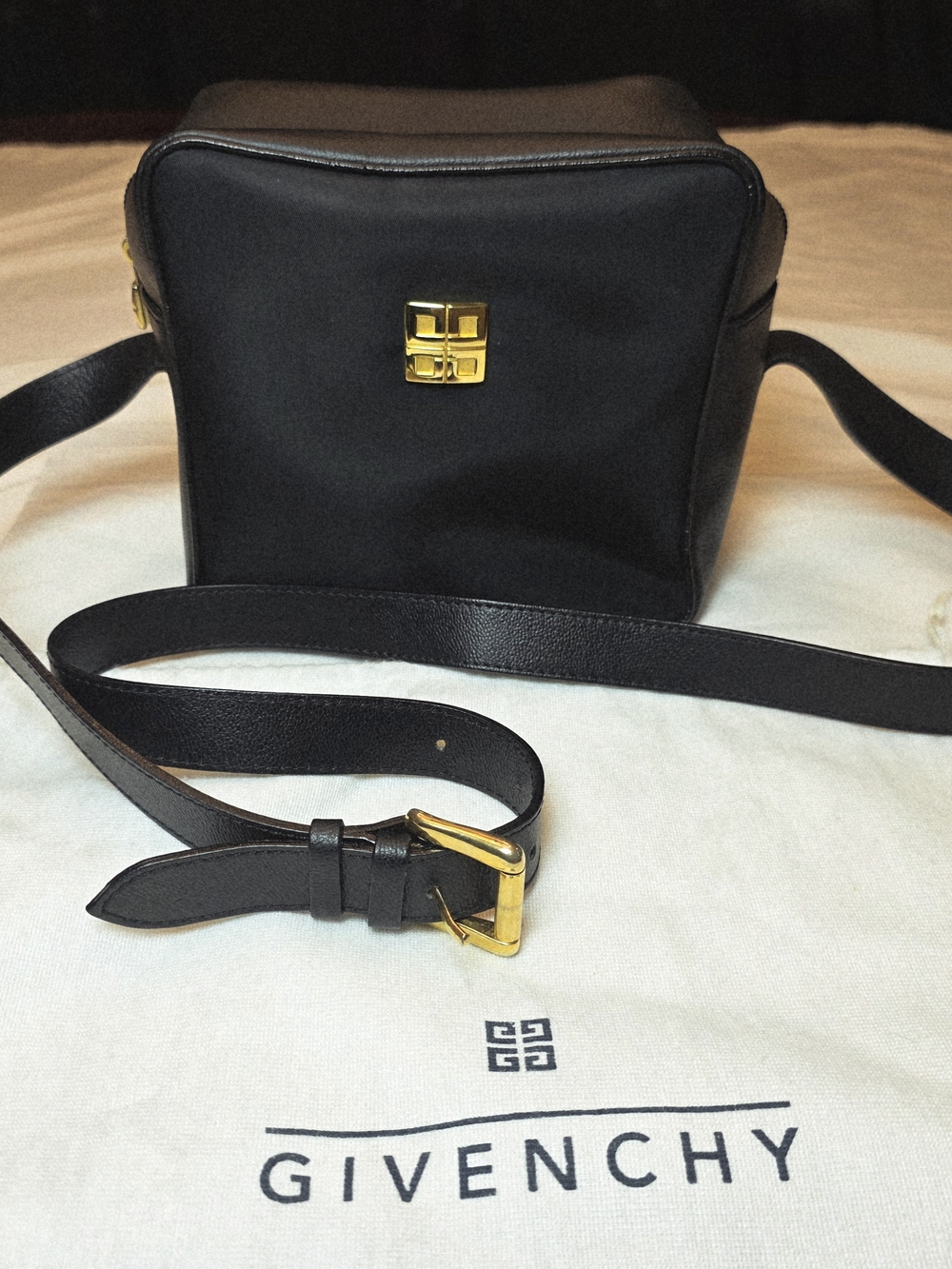 Vintage Givenchy 4G Black Nylon Leather Crossbody Bag Gold Hardware w COA